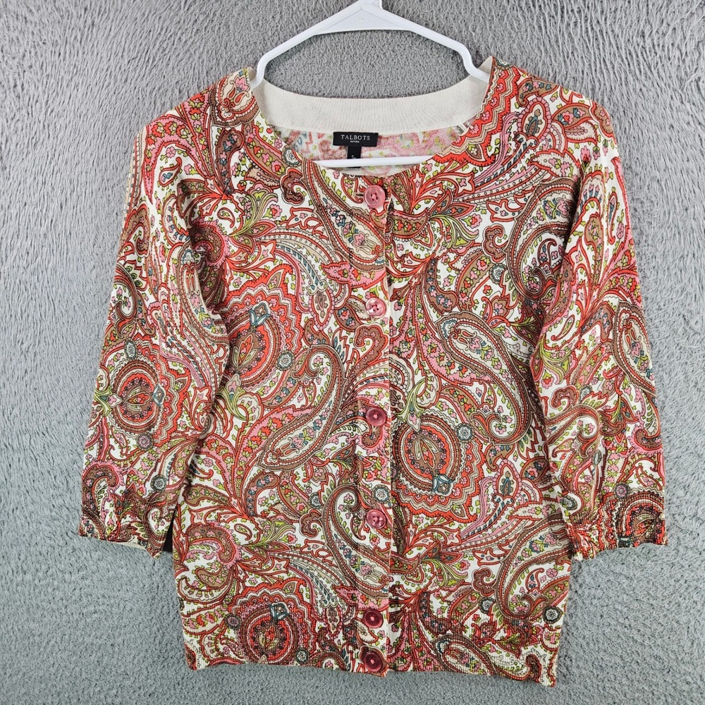 Talbots Petites Paisley Cardigan Sweater Womens Sp Pink Orange Cotton Rayon Sp